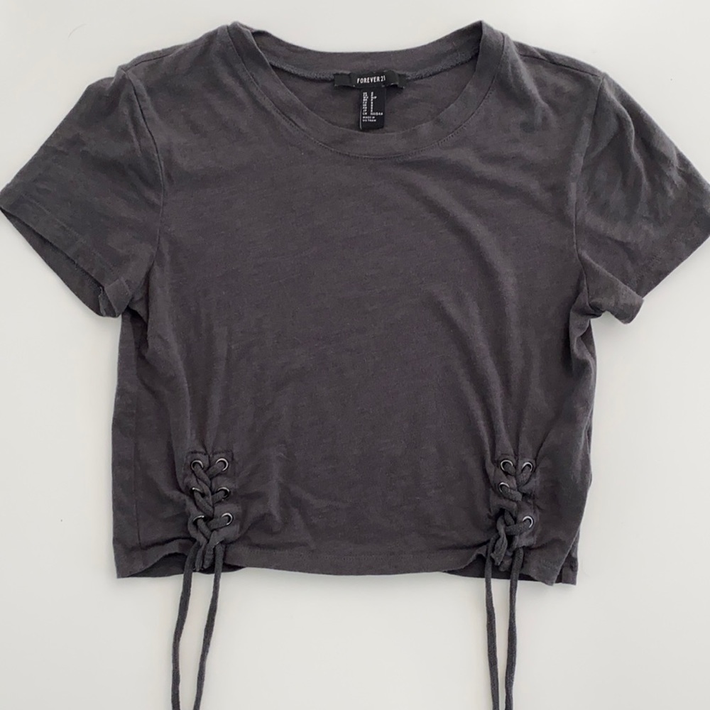 Forever 21 Grey Side Lace Up Short Sleeve Crop Top